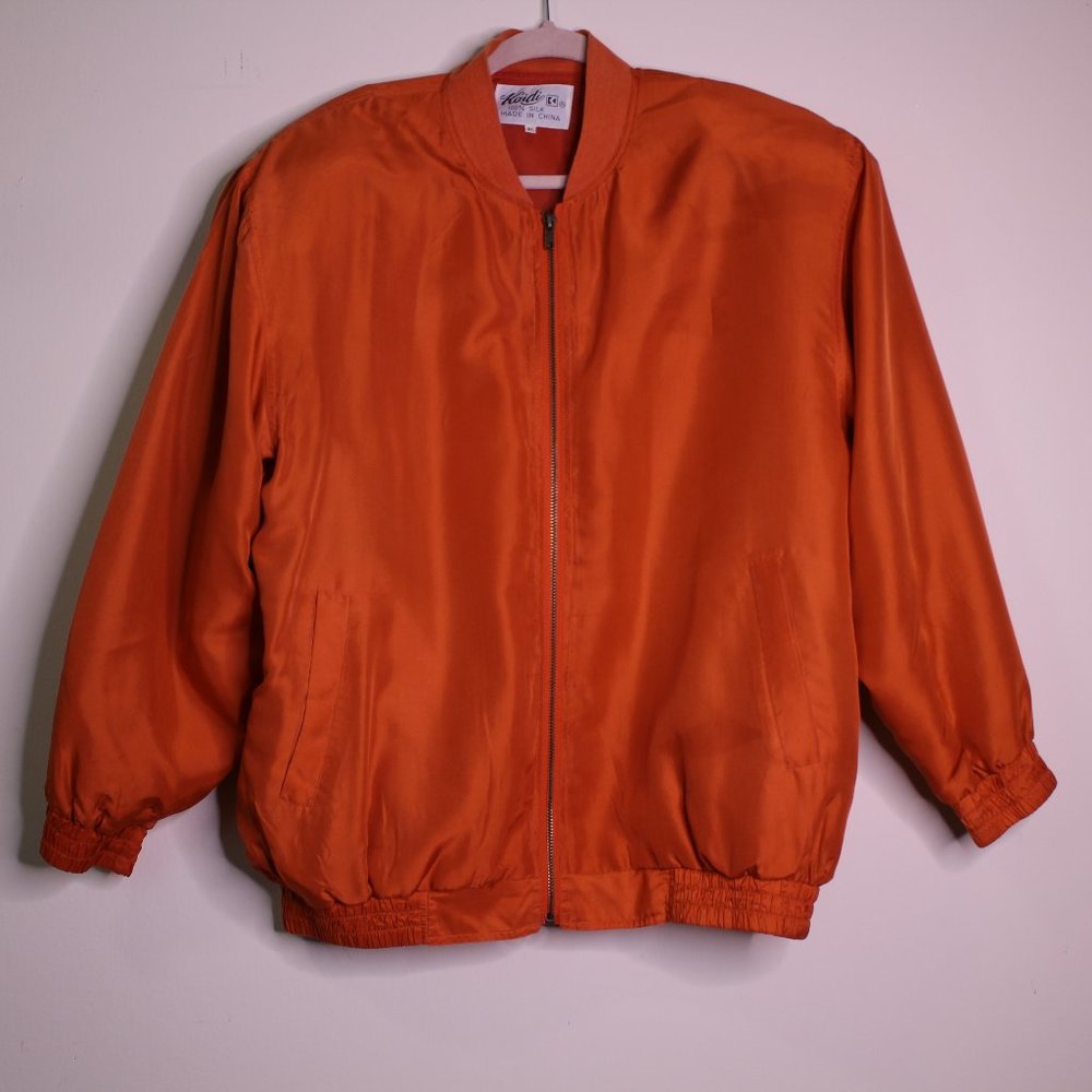 100% Silk Orange Light Zip Up Bomber Jacket